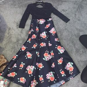 Dark Blue Floral Two-Piece Prom Dress